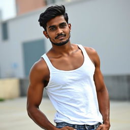 A young Indian man with dark skin, wearing a white tank top and jeans