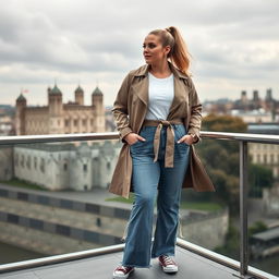 A curvy and chubby blonde 40-year-old woman with her hair styled in a ponytail, standing gracefully on a balcony with a panoramic view of the historic Tower of London