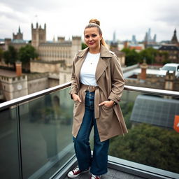 A curvy and chubby blonde 40-year-old woman with her hair styled in a ponytail, standing gracefully on a balcony with a panoramic view of the historic Tower of London