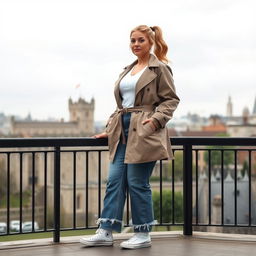 A curvy and chubby blonde 40-year-old woman with her hair styled in a ponytail, standing gracefully on a balcony with a panoramic view of the historic Tower of London