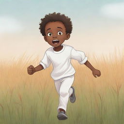 Design a 2D cartoon-style sketch, filled with color, of a small African boy with lighter skin tones. He's running scared through a field, dressed in white clothes. Emphasize his fear while maintaining a playful, non-realistic style.