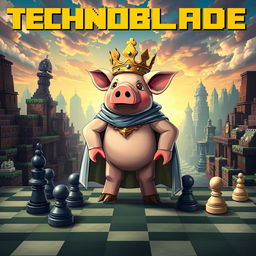 A tribute to Technoblade from Minecraft, portraying a majestic pig in a royal crown and cape, standing proudly atop a chessboard, exuding a sense of triumph and honor