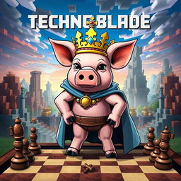 A tribute to Technoblade from Minecraft, portraying a majestic pig in a royal crown and cape, standing proudly atop a chessboard, exuding a sense of triumph and honor