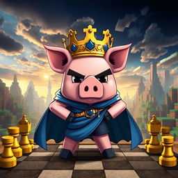 A tribute to Technoblade from Minecraft, portraying a majestic pig in a royal crown and cape, standing proudly atop a chessboard, exuding a sense of triumph and honor