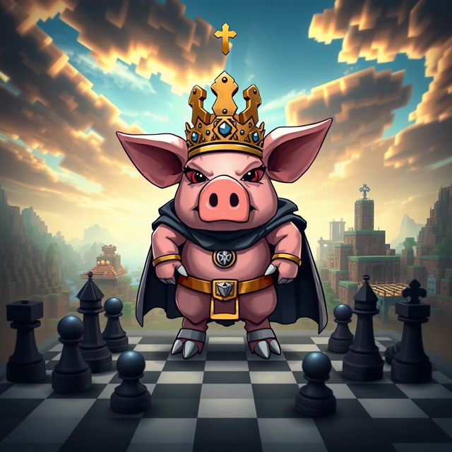 A tribute to Technoblade from Minecraft, portraying a majestic pig in a royal crown and cape, standing proudly atop a chessboard, exuding a sense of triumph and honor