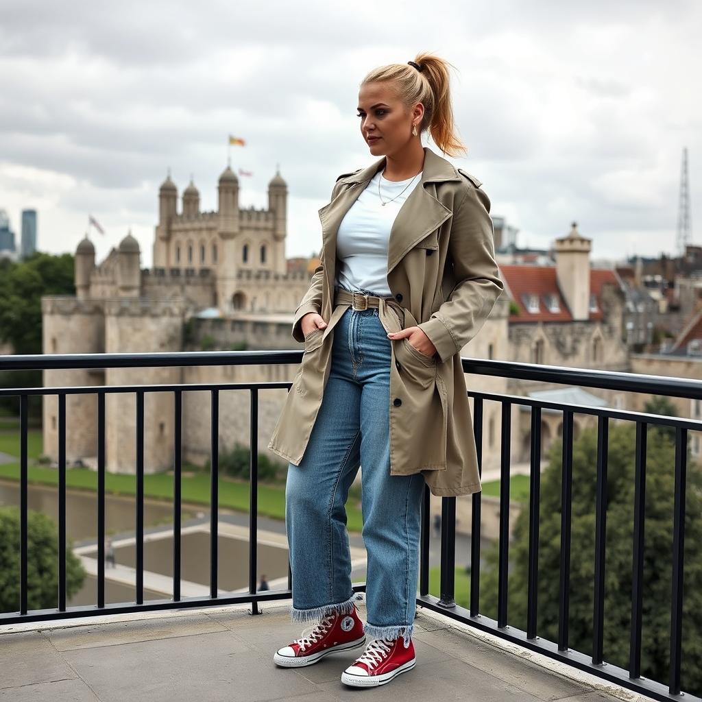 A curvy and chubby blonde 40-year-old woman with her hair in a ponytail, standing confidently on a balcony overlooking the historic Tower of London