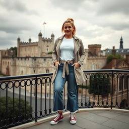 A curvy and chubby blonde 40-year-old woman with her hair in a ponytail, standing confidently on a balcony overlooking the historic Tower of London