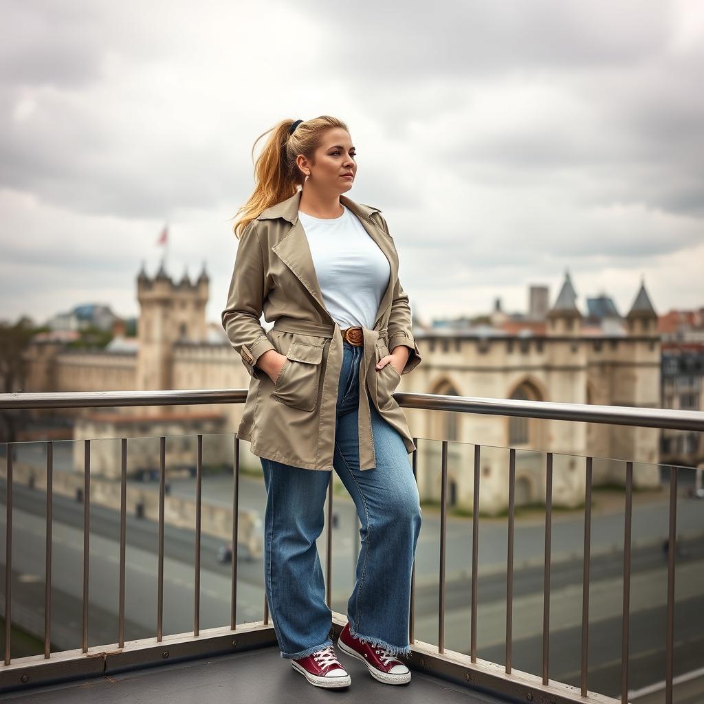 A curvy and chubby blonde 40-year-old woman with her hair in a ponytail, standing confidently on a balcony overlooking the historic Tower of London