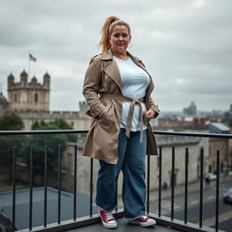 A curvy and chubby blonde 40-year-old woman with her hair in a ponytail, standing confidently on a balcony overlooking the historic Tower of London