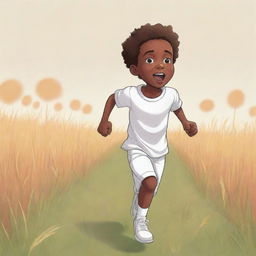 Design a 2D cartoon-style sketch, filled with color, of a small African boy with lighter skin tones. He's running scared through a field, dressed in white clothes. Emphasize his fear while maintaining a playful, non-realistic style.