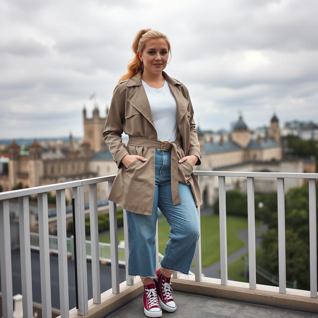 A curvy and chubby blonde 40-year-old woman with her hair styled in a ponytail, standing gracefully on a balcony with a panoramic view of the historic Tower of London