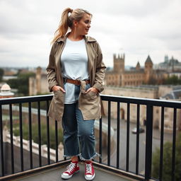 A curvy and chubby blonde 40-year-old woman with her hair styled in a ponytail, standing gracefully on a balcony with a panoramic view of the historic Tower of London