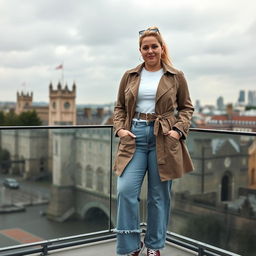 A curvy and chubby blonde 40-year-old woman with her hair styled in a ponytail, standing gracefully on a balcony with a panoramic view of the historic Tower of London