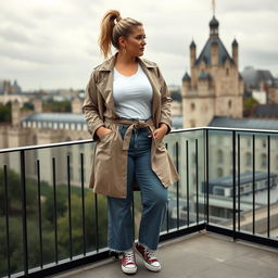 A curvy and chubby blonde 40-year-old woman with her hair styled in a ponytail, standing gracefully on a balcony with a panoramic view of the historic Tower of London