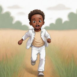 Design a 2D cartoon-style sketch, filled with color, of a small African boy with lighter skin tones. He's running scared through a field, dressed in white clothes. Emphasize his fear while maintaining a playful, non-realistic style.