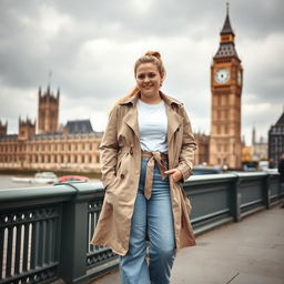 A curvy and chubby blonde 40-year-old woman with her hair styled in a ponytail, standing confidently on a busy riverside with a striking view of the iconic Houses of Parliament