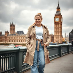 A curvy and chubby blonde 40-year-old woman with her hair styled in a ponytail, standing confidently on a busy riverside with a striking view of the iconic Houses of Parliament