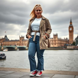 A curvy and chubby blonde 40-year-old woman with her hair styled in a ponytail, standing confidently on a busy riverside with a striking view of the iconic Houses of Parliament