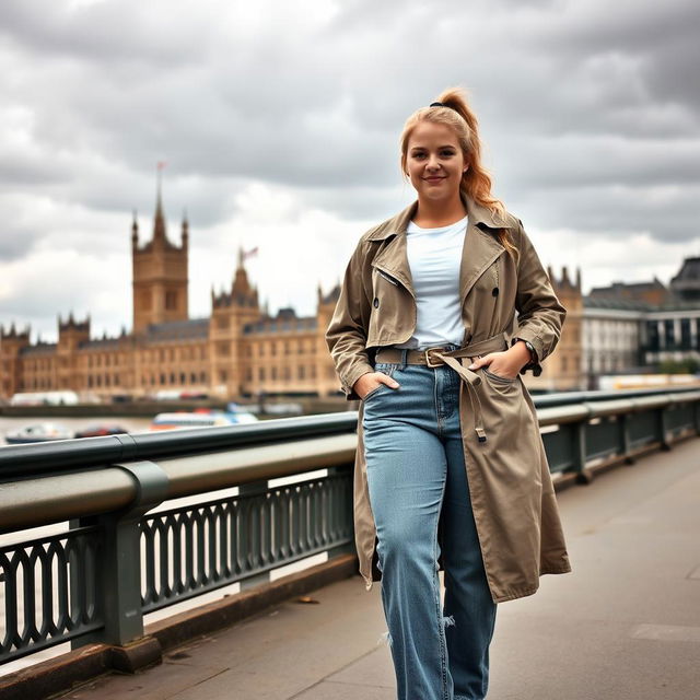 A curvy and chubby blonde 40-year-old woman with her hair styled in a ponytail, standing confidently on a busy riverside with a striking view of the iconic Houses of Parliament