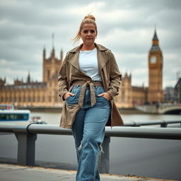 A curvy and chubby blonde 40-year-old woman with her hair styled in a ponytail, standing confidently on a busy riverside with a striking view of the iconic Houses of Parliament