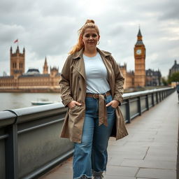 A curvy and chubby blonde 40-year-old woman with her hair in a ponytail, standing confidently on a busy riverside with a clear view of the iconic Houses of Parliament