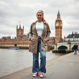 A curvy and chubby blonde 40-year-old woman with her hair in a ponytail, standing confidently on a busy riverside with a clear view of the iconic Houses of Parliament