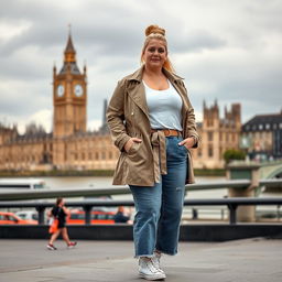 A curvy and chubby blonde 40-year-old woman with her hair in a ponytail, standing confidently on a busy riverside with a clear view of the iconic Houses of Parliament