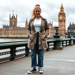 A curvy and chubby blonde 40-year-old woman with her hair in a ponytail, standing confidently on a busy riverside with a clear view of the iconic Houses of Parliament