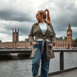 A curvy and chubby blonde 40-year-old lady with her hair in a ponytail, dressed in a white t-shirt layered with a taupe belted cropped trench coat