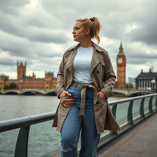 A curvy and chubby blonde 40-year-old lady with her hair in a ponytail, dressed in a white t-shirt layered with a taupe belted cropped trench coat