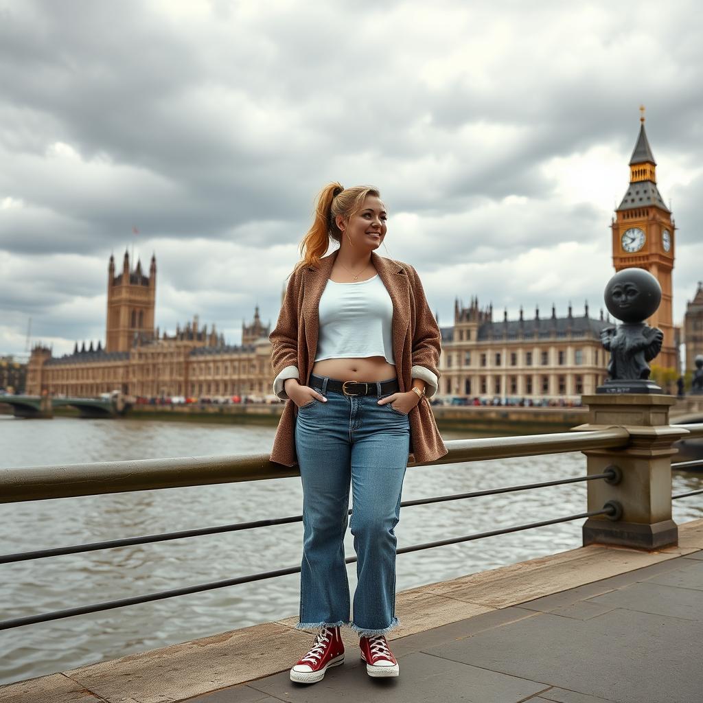 A curvy and chubby blonde 40-year-old lady with her hair in a ponytail, dressed in a roll sleeve white crop top paired with a mink textured wool look oversized blazer