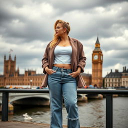 A curvy and chubby blonde 40-year-old lady with her hair in a ponytail, dressed in a roll sleeve white crop top paired with a mink textured wool look oversized blazer