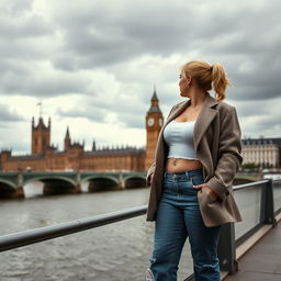 A curvy and chubby blonde 40-year-old lady with her hair in a ponytail, dressed in a roll sleeve white crop top paired with a mink textured wool look oversized blazer