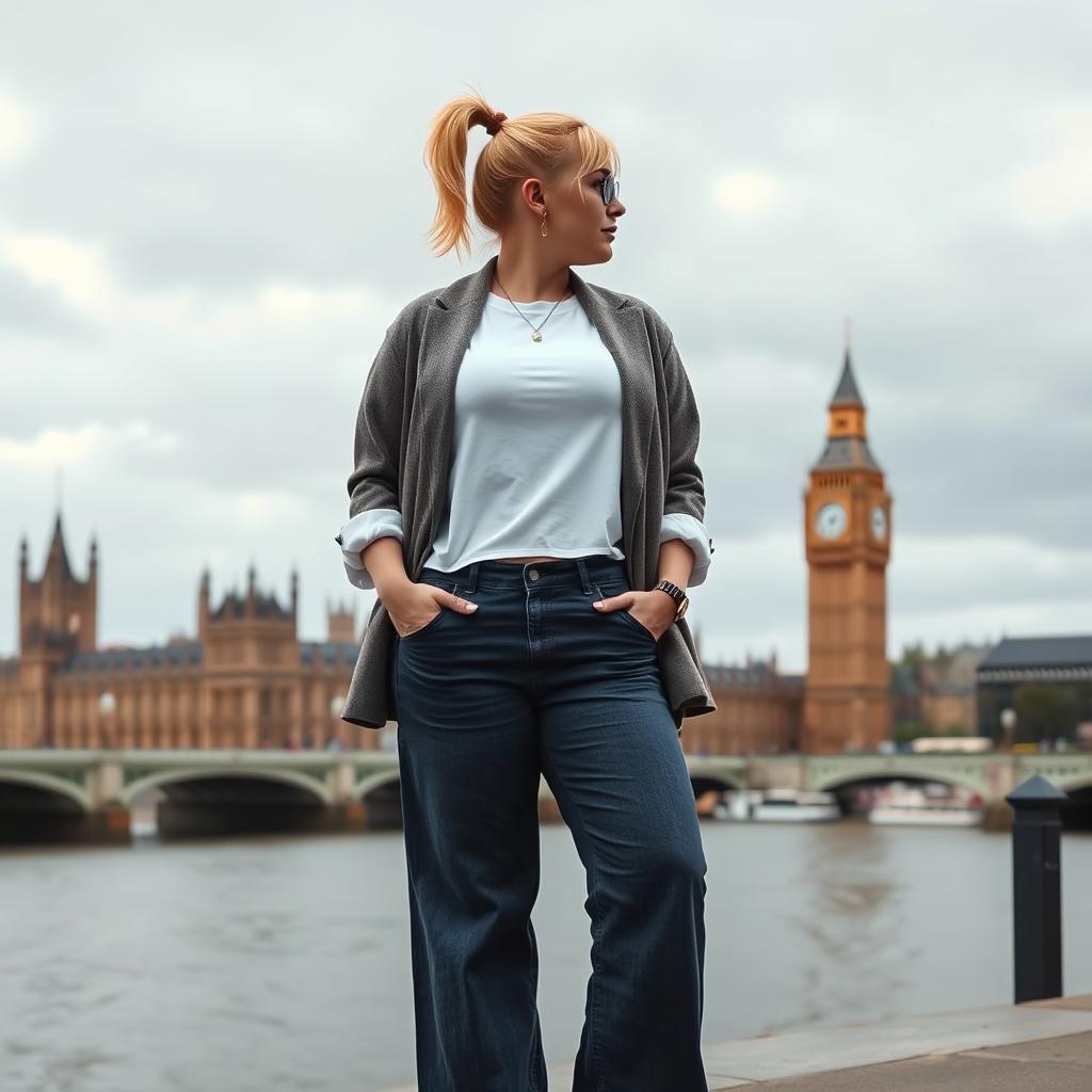 A curvy and chubby blonde 40-year-old lady with her hair in a ponytail, dressed in a roll sleeve white crop top paired with a mink textured wool look oversized blazer