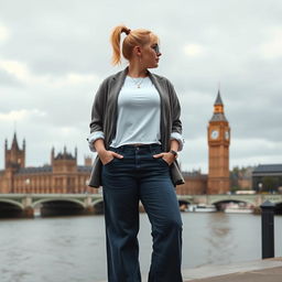 A curvy and chubby blonde 40-year-old lady with her hair in a ponytail, dressed in a roll sleeve white crop top paired with a mink textured wool look oversized blazer