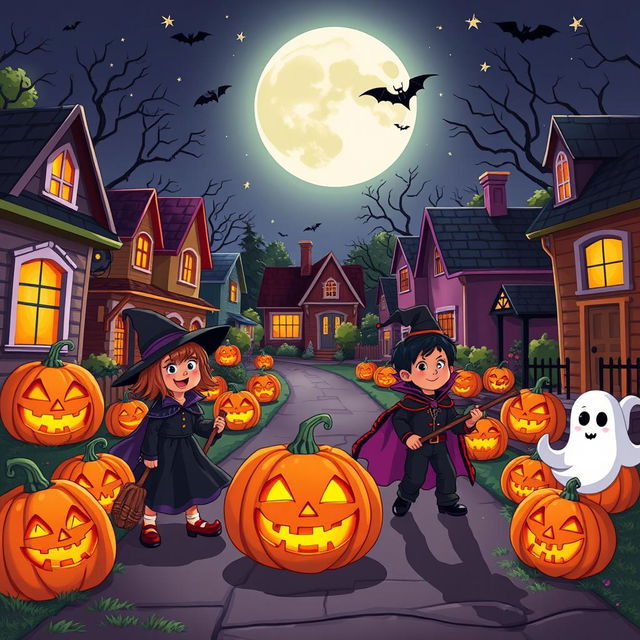 A vibrant Halloween scene set in a cartoon-style neighborhood street at night, featuring a variety of pumpkins with carved faces emitting a warm glow