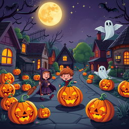 A vibrant Halloween scene set in a cartoon-style neighborhood street at night, featuring a variety of pumpkins with carved faces emitting a warm glow