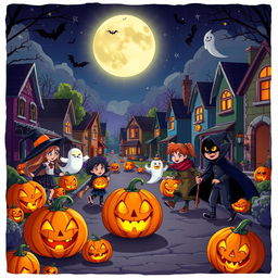 A vibrant Halloween scene set in a cartoon-style neighborhood street at night, featuring a variety of pumpkins with carved faces emitting a warm glow