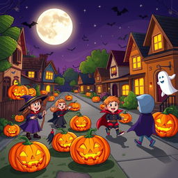 A vibrant Halloween scene set in a cartoon-style neighborhood street at night, featuring a variety of pumpkins with carved faces emitting a warm glow