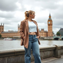 A curvy and chubby blonde 40-year-old lady with her hair in a ponytail, dressed in a roll sleeve white crop top paired with a mink textured wool look oversized blazer