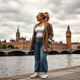 A curvy and chubby blonde 40-year-old lady with her hair in a ponytail, dressed in a roll sleeve white crop top paired with a mink textured wool look oversized blazer