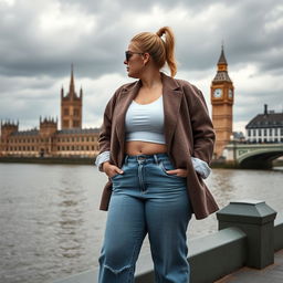 A curvy and chubby blonde 40-year-old lady with her hair in a ponytail, dressed in a roll sleeve white crop top paired with a mink textured wool look oversized blazer