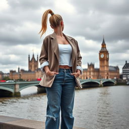 A curvy and chubby blonde 40-year-old lady with her hair in a ponytail, dressed in a roll sleeve white crop top paired with a mink textured wool look oversized blazer