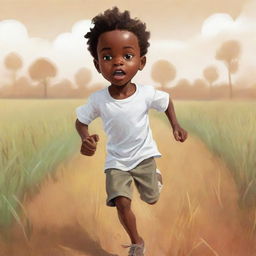 Create a 2D colorful cartoon-style sketch of a small African boy, with noticeably lightened skin, running fearfully across a field. He's dressed in white; the emphasis on his fear is blended with an imaginative, non-realistic style.