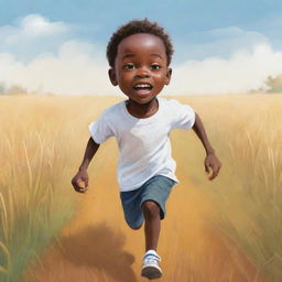 Create a 2D colorful cartoon-style sketch of a small African boy, with noticeably lightened skin, running fearfully across a field. He's dressed in white; the emphasis on his fear is blended with an imaginative, non-realistic style.