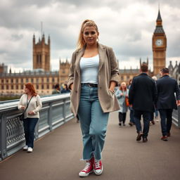 A curvy and chubby blonde 40-year-old lady with her hair in a ponytail, dressed in a roll sleeve white crop top paired with a mink textured wool look oversized blazer