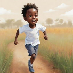 Create a 2D colorful cartoon-style sketch of a small African boy, with noticeably lightened skin, running fearfully across a field. He's dressed in white; the emphasis on his fear is blended with an imaginative, non-realistic style.