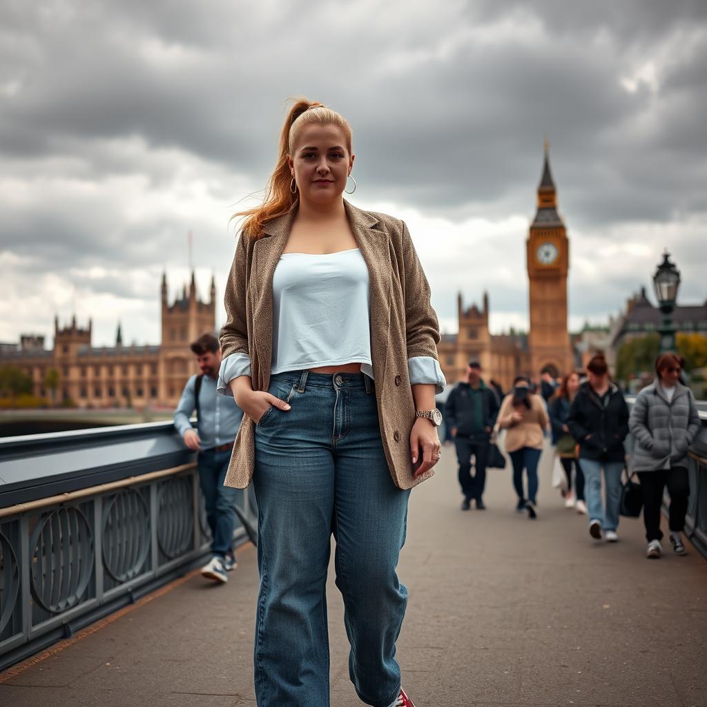 A curvy and chubby blonde 40-year-old lady with her hair in a ponytail, dressed in a roll sleeve white crop top paired with a mink textured wool look oversized blazer