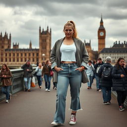 A curvy and chubby blonde 40-year-old lady with her hair in a ponytail, dressed in a roll sleeve white crop top paired with a mink textured wool look oversized blazer