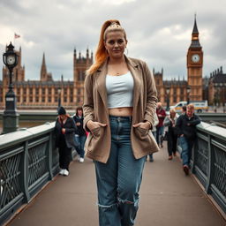 A curvy and chubby blonde 40-year-old lady with her hair in a ponytail, dressed in a roll sleeve white crop top paired with a mink textured wool look oversized blazer